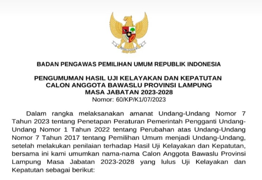 Bawaslu RI Umumkan Anggota Bawaslu Lampung 2023-2028