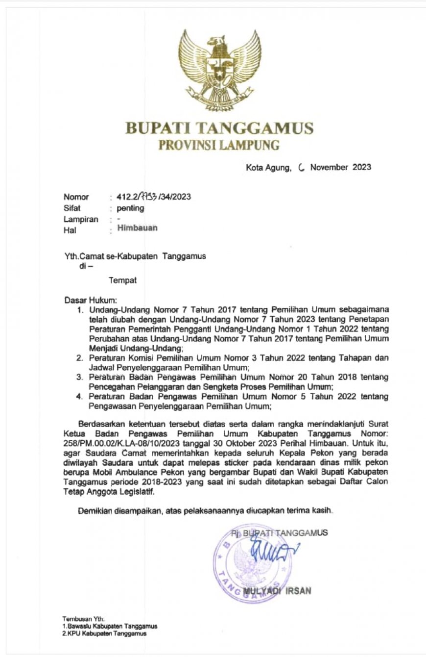 Tindak Lanjuti Surat Bawaslu,  Pj Bupati Tanggamus  Terbitkan Himbauan Kepada Kepala Pekon dan Camat se-Kabupaten Tanggamus Agar Melepas Gambar Bupati dan Wakil Bupati