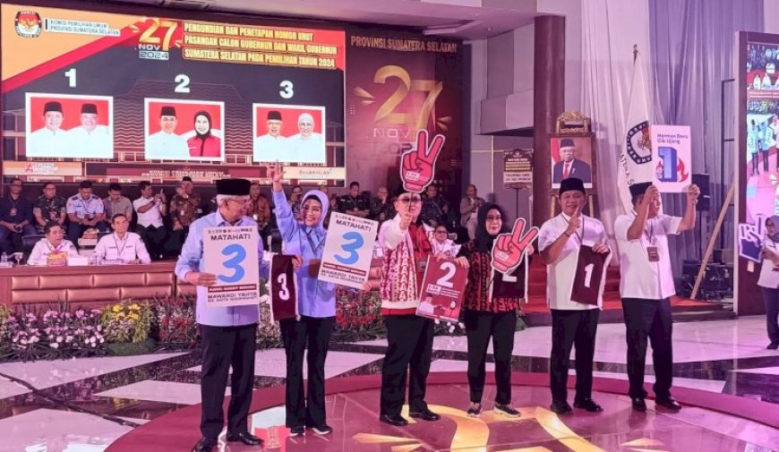 KPU Sumsel Tetapkan Nomor Urut Tiga Pasangan Calon Gubernur, HDCU 1, ERA 2 dan Matahati 3