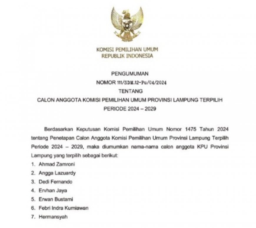 Calon Anggota KPU Provinsi Lampung Terpilih Periode 2024-2029