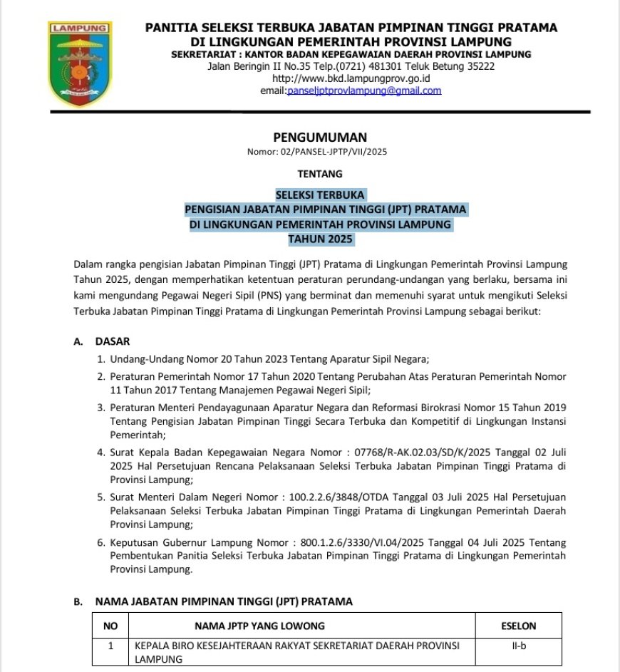 Pemprov Lampung Buka Seleksi Terbuka JPT Kepala Biro Kesejahteraan Rakyat