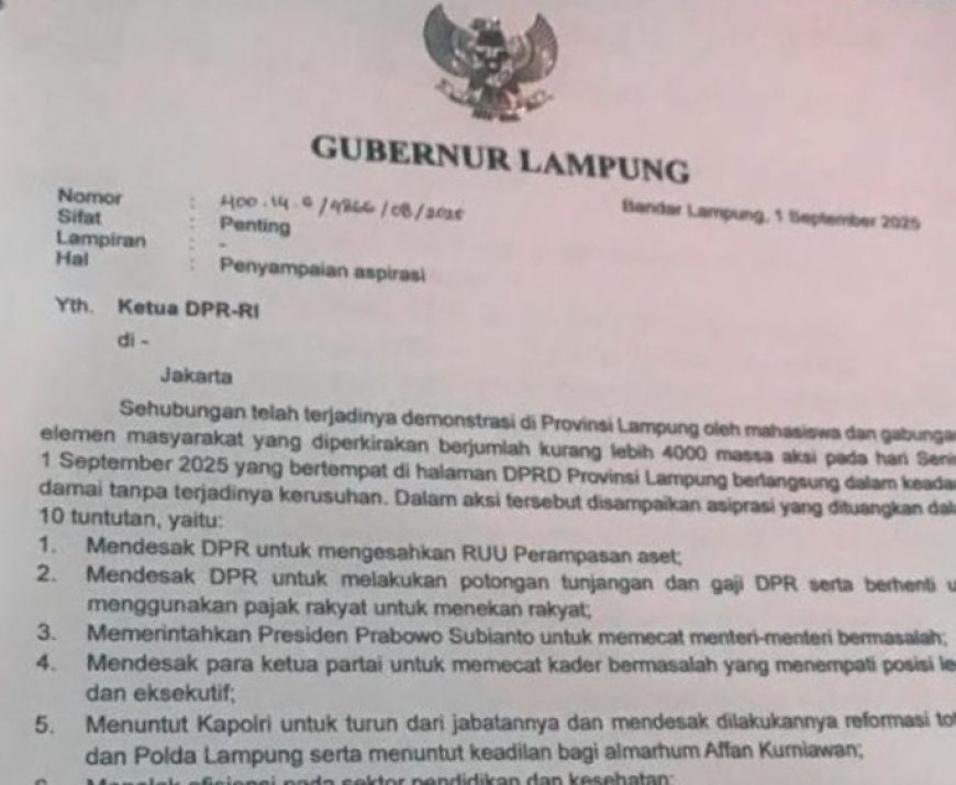 Gubernur Lampung Teruskan Aspirasi Ribuan Massa Aksi ke Pimpinan DPR RI