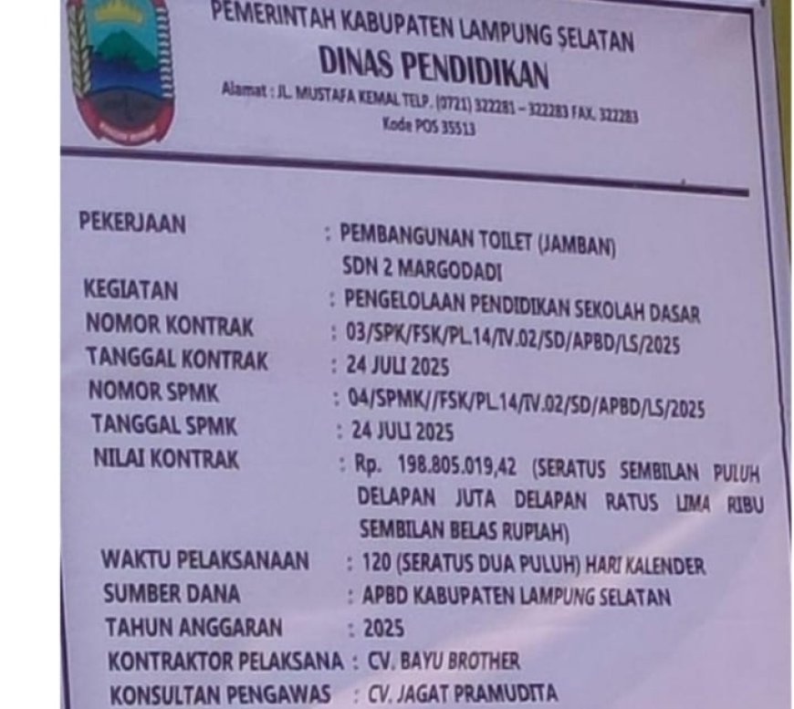 Diduga Mark Up, Proyek Toilet Rp198 Juta di SDN 2 Margodadi Lampung Selatan Dipertanyakan